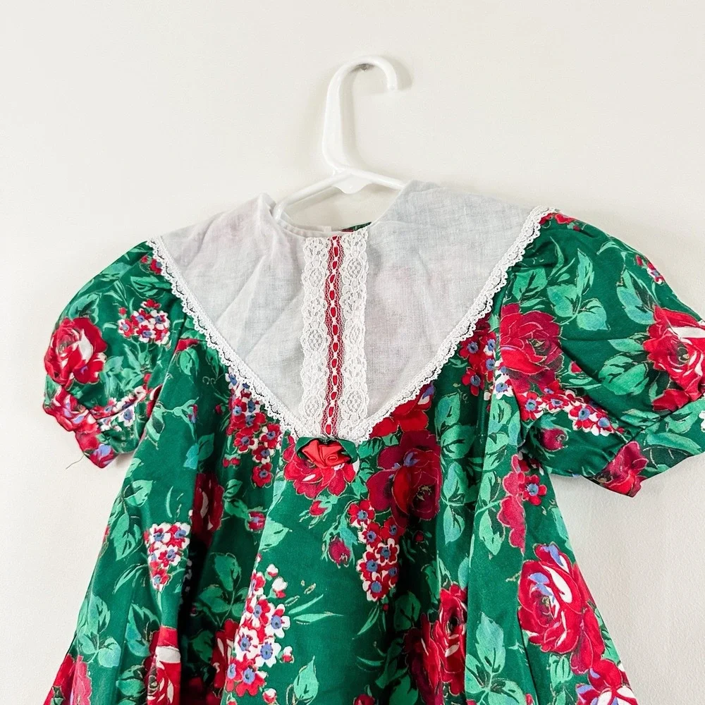 Vintage Girls 3T Kalula Kids Green & Red Rose Floral Dress‎ Lace Collar 90's